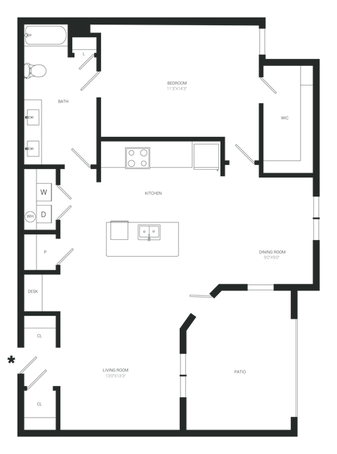 Floor plan for 1 bed, 1 bath, 840 sqft